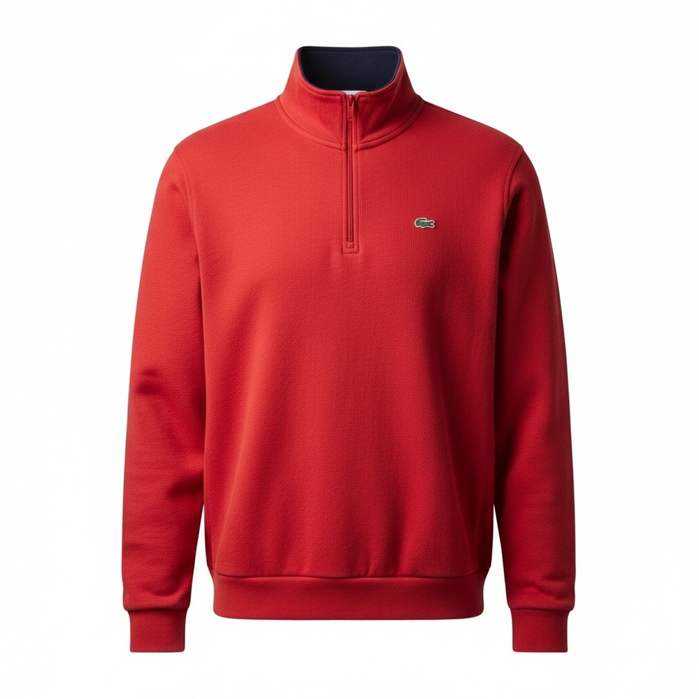 Lacoste Half Zip Lightweight Interlock Sweatshirt Red Ribbed Cotton Pockets Sz 9